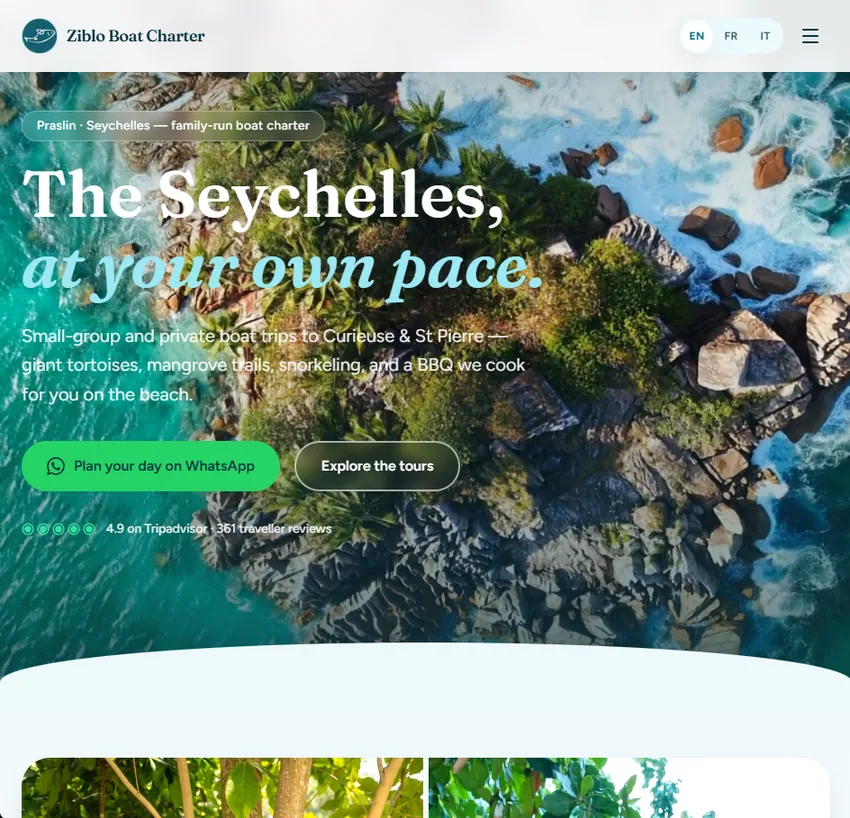 Home page di Ziblo Boat Charter, il sito realizzato per Elena e Stephen